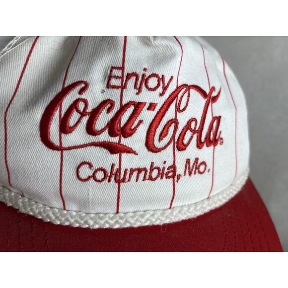 Enjoy Coca Cola Pinstripe Snapback Hat Columbia Mo White Red Vintage USA Made - Picture 3 of 8